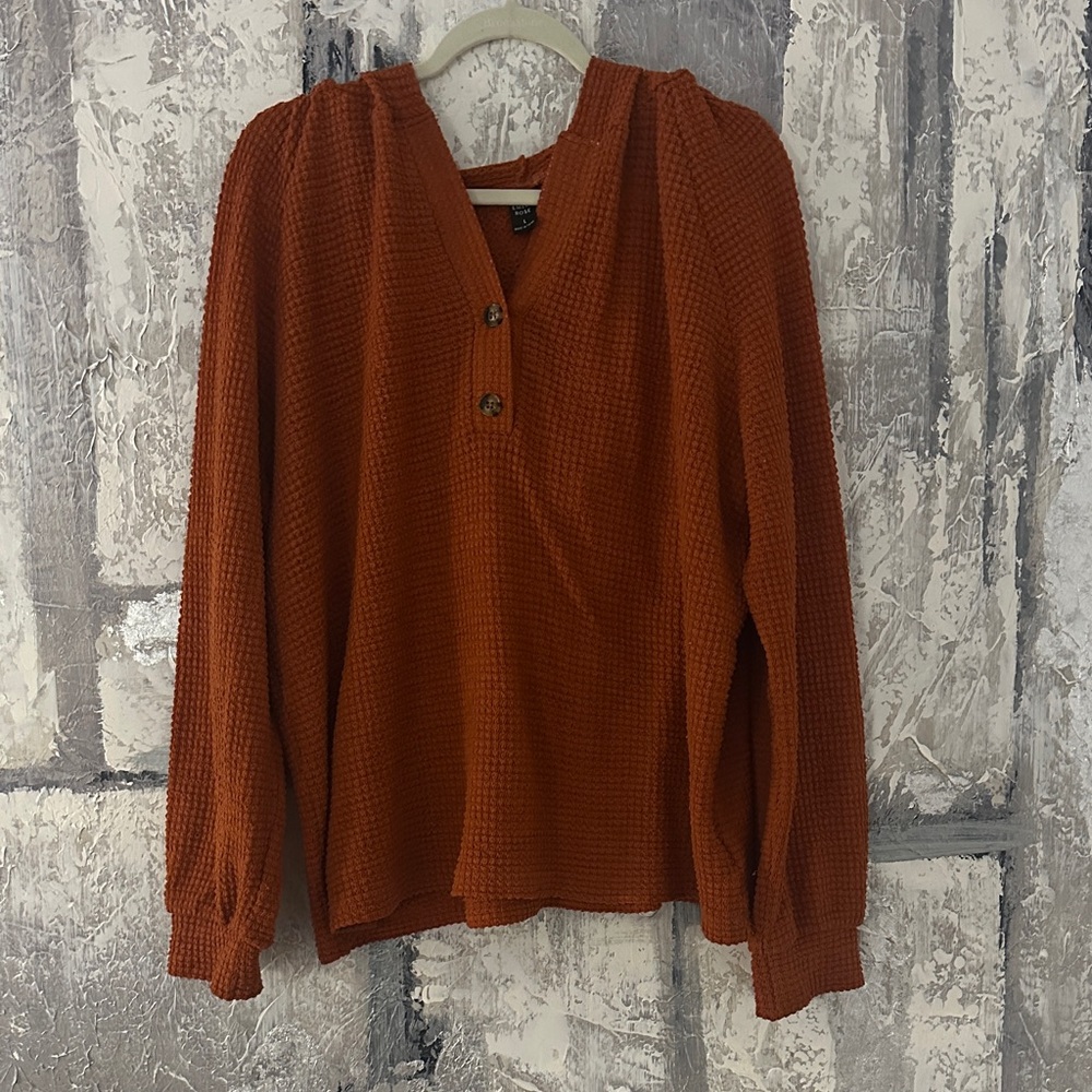 Women's Burnt Orange Hooded Button-Up Top